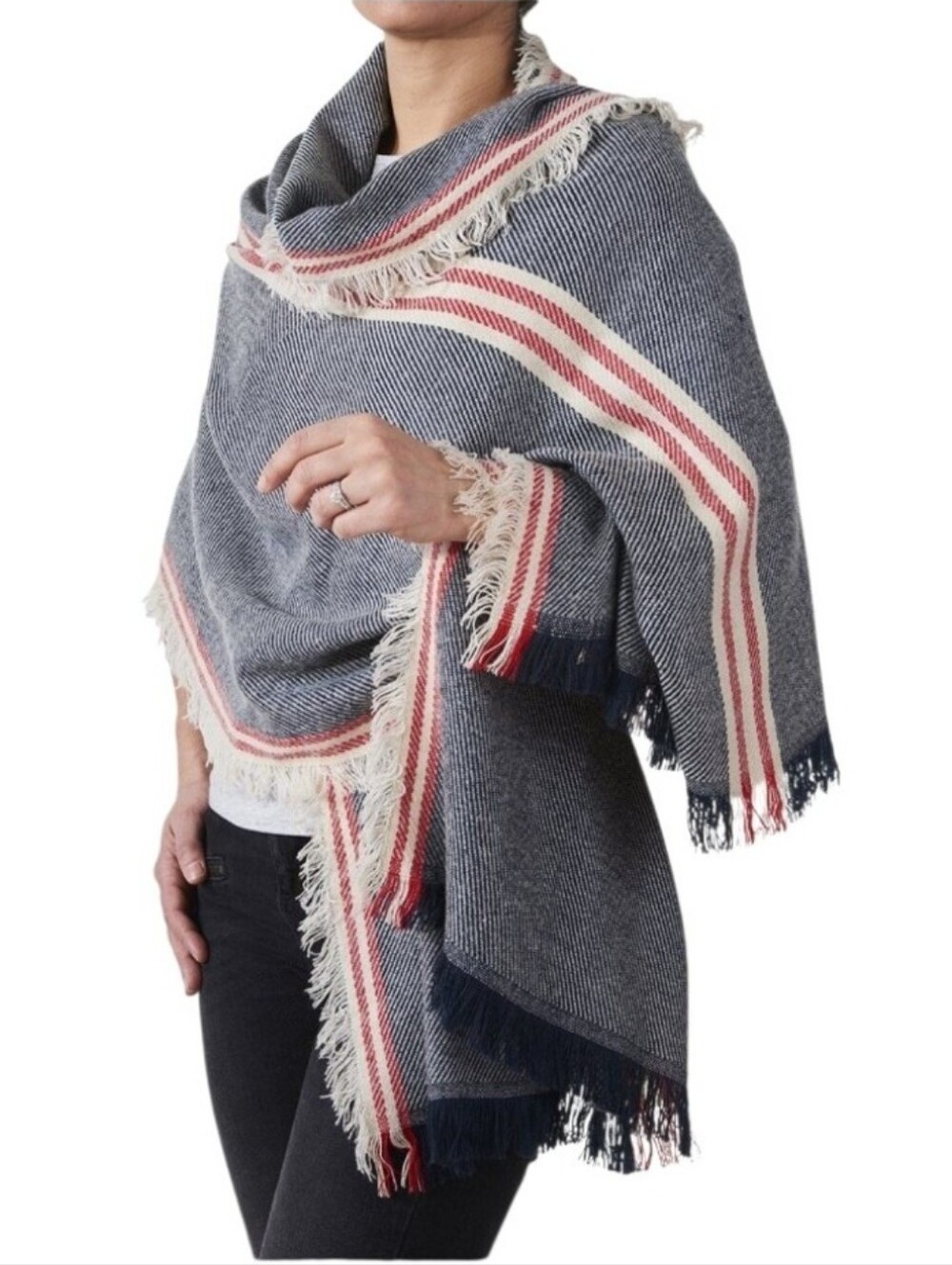 Marina Fringed Striped Red White & Blue Wrap Shawl